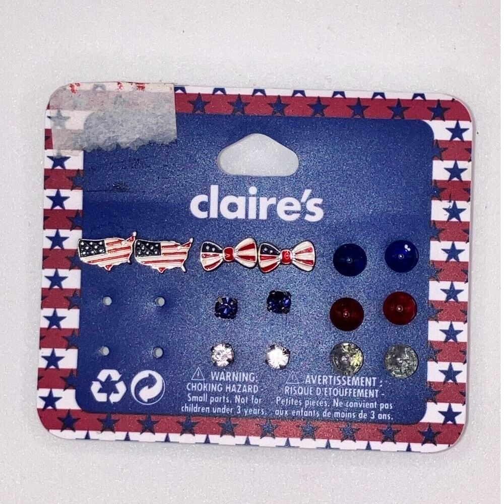 NWT! Claire's 7 Patriotic Stud Earrings including US Flag on US Map & Bows!